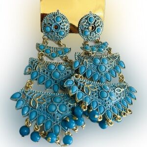Stylish Blue & Gold Beaded Chandelier Dangle Drop Long Fashion Earrings 3"